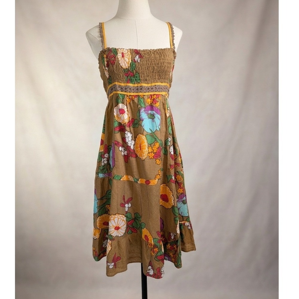 Vintage Free People Floral Smocked Midi Dress‎ Crochet Trim Dress Boho Indie Y2K